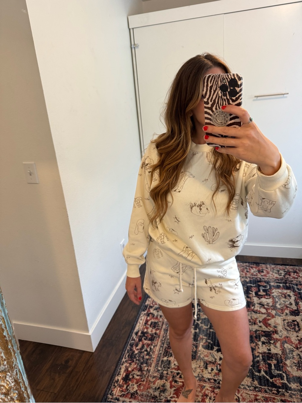 Cozy Cream western cowgirl Printed Lounge Sweatshirt & Shorts two piece Set
